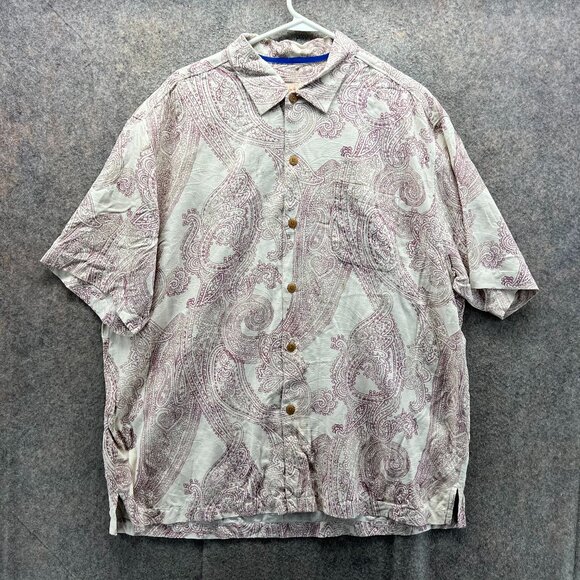 Tommy Bahama Shirt Mens XL Beige Purple Button Down Silk Camp Paisley Hawaiian - Picture 1 of 11